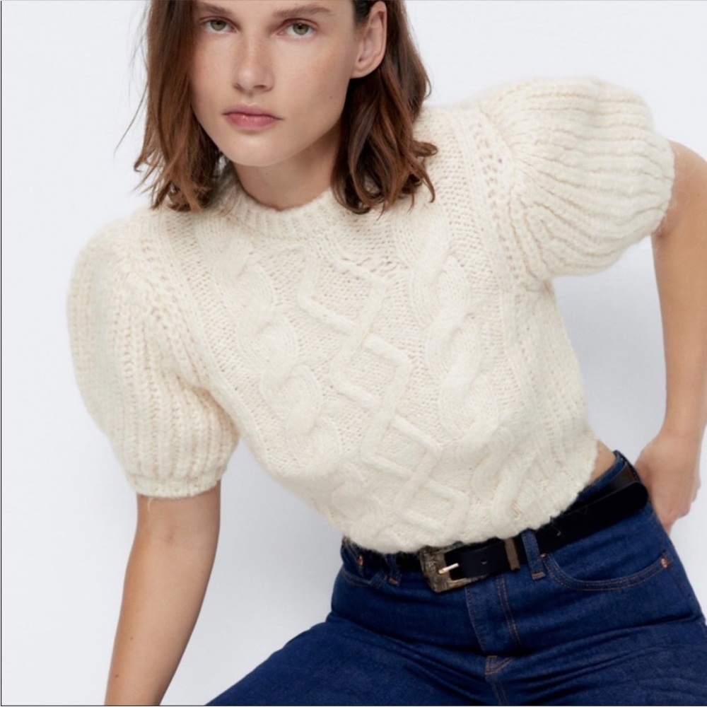 ZARA Cream Alpaca Wool Cable knit Puff sleeve top